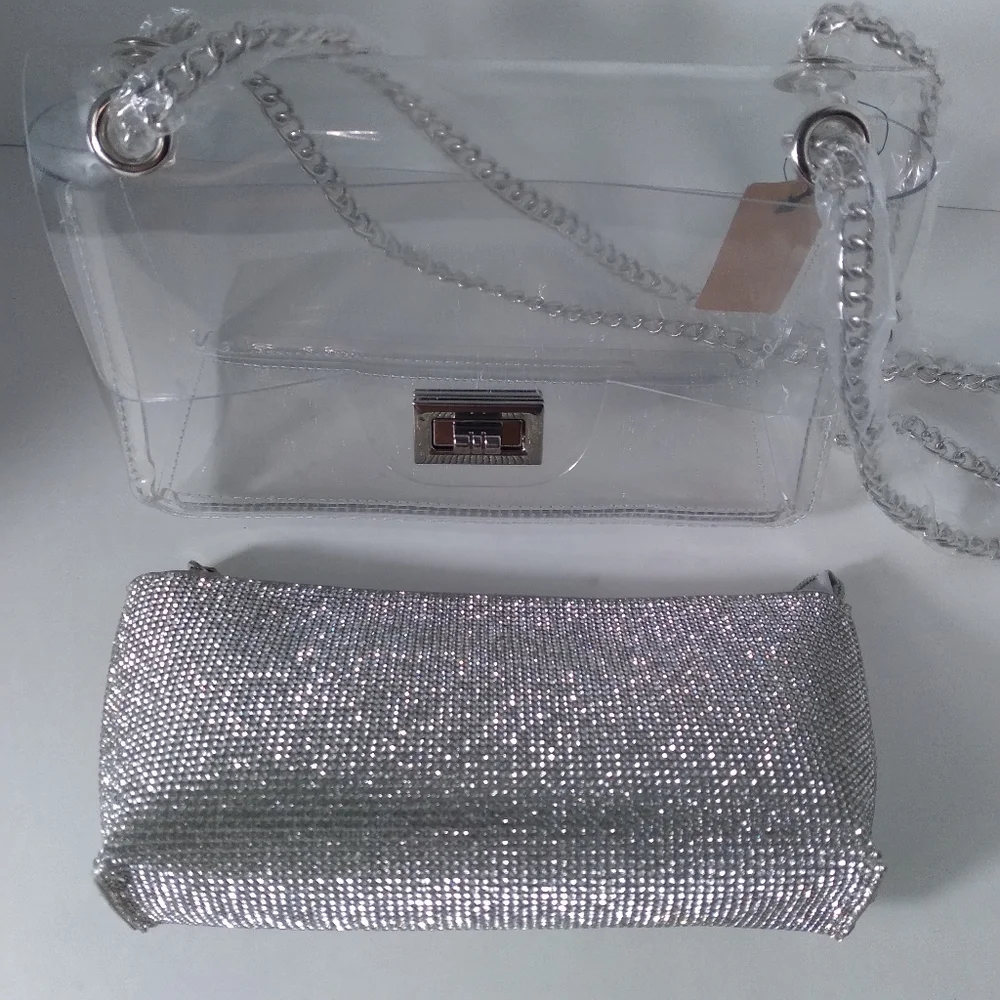 Elegant Clear/Silver Crystal-Embellished Removable Pouch  Bag